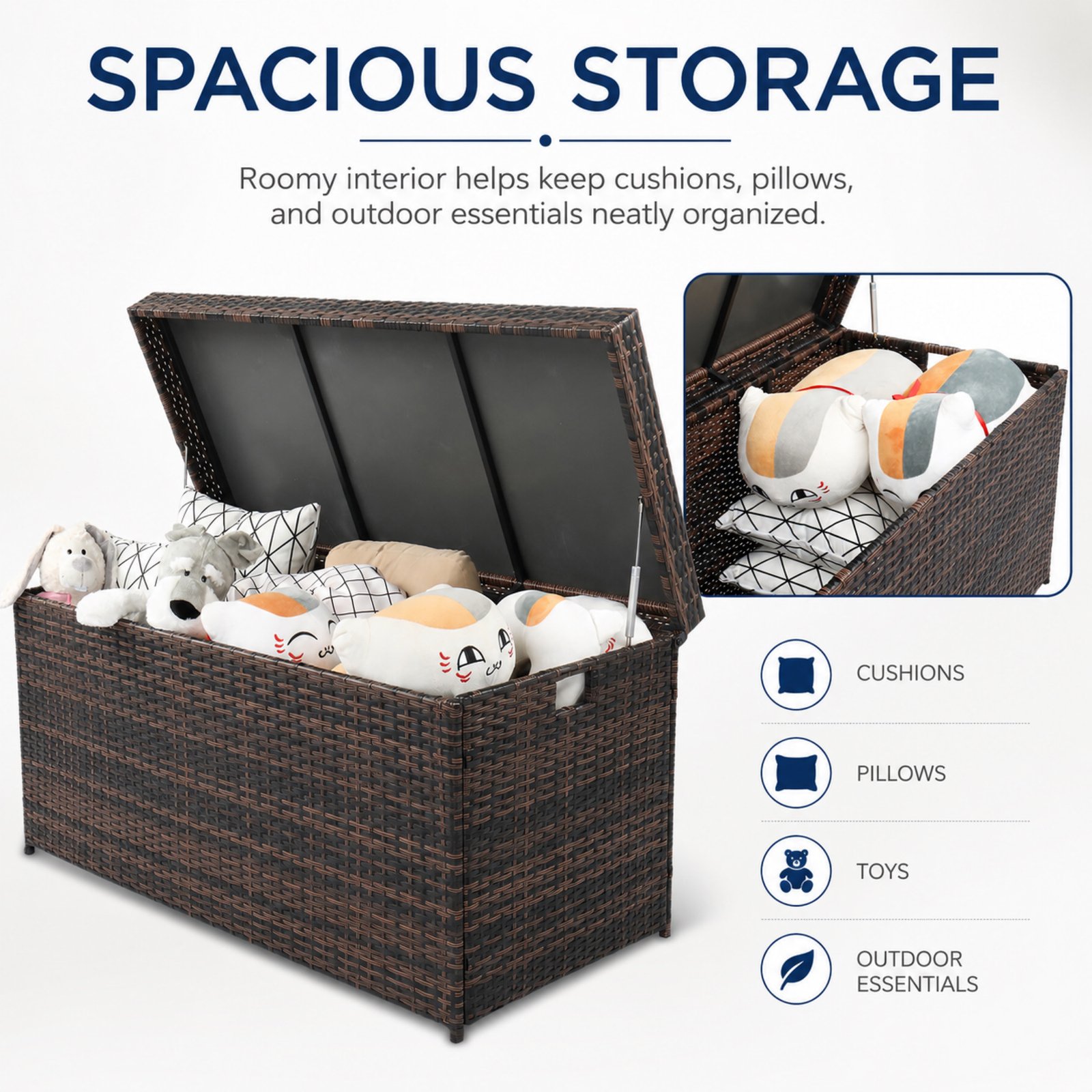 132 gallon outdoor wicker deck box with spacious interior storage for cushions pillows and patio accessories