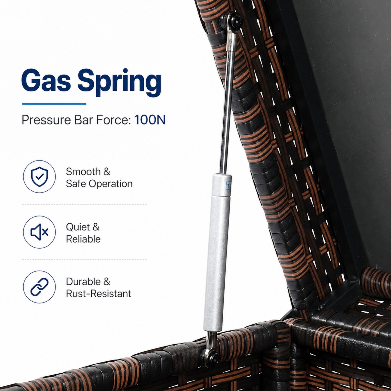 132 gallon outdoor wicker deck box gas spring support bar with 100N pressure force for smooth lid opening