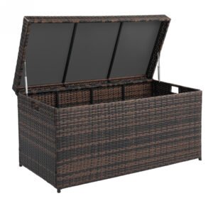 132-gallon-wicker-deck-box-open-storage-compartment 132 gallon outdoor wicker deck box storage cabinet with open lid for patio cushions and garden accessories