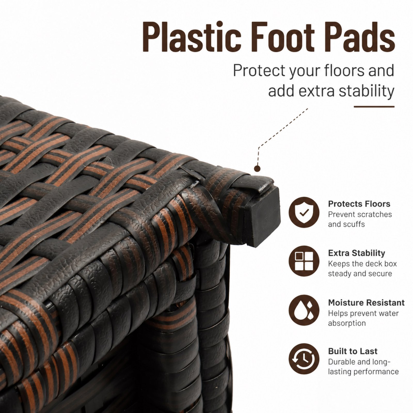 132 gallon outdoor wicker deck box with durable plastic foot pads for floor protection and stability