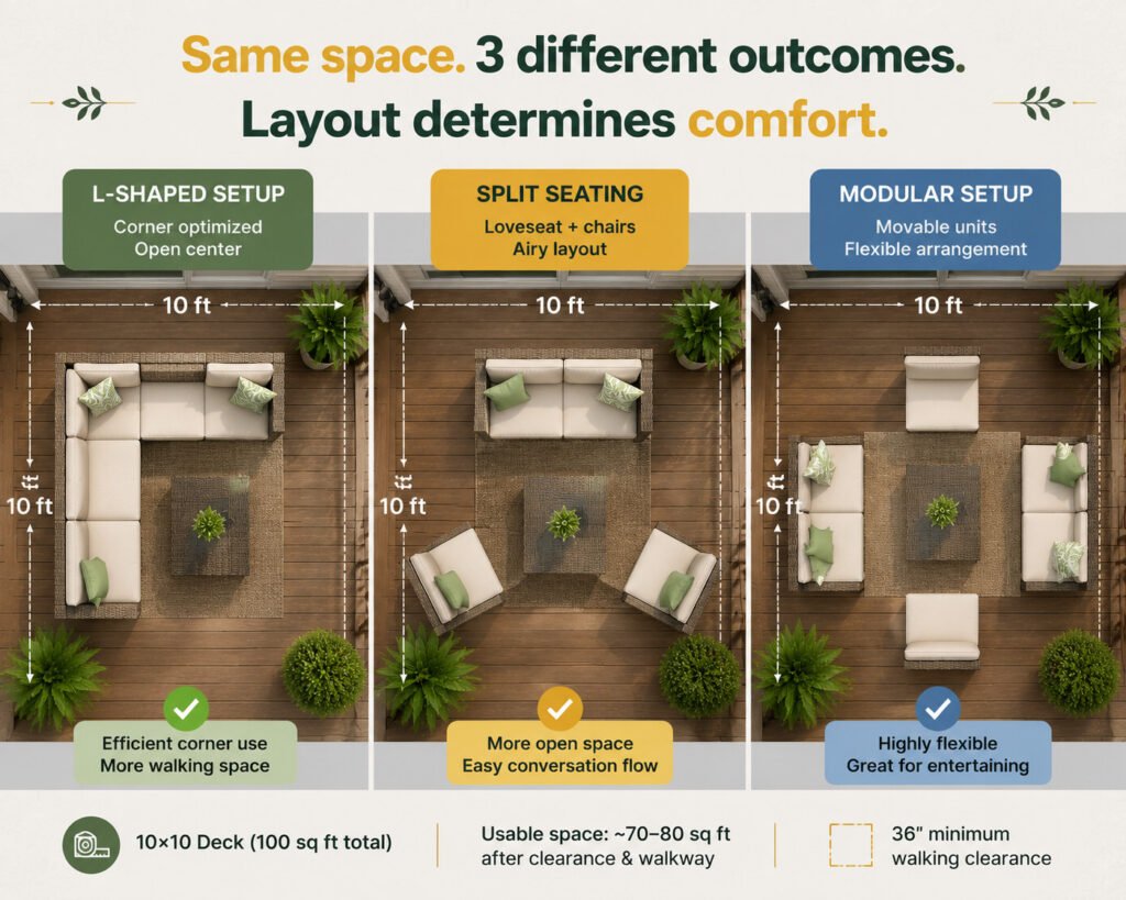 Top-down comparison of three 10x10 deck patio layouts showing L-shaped seating, split loveseat arrangement, and modular seating setup with different space efficiency and walking clearance optimization