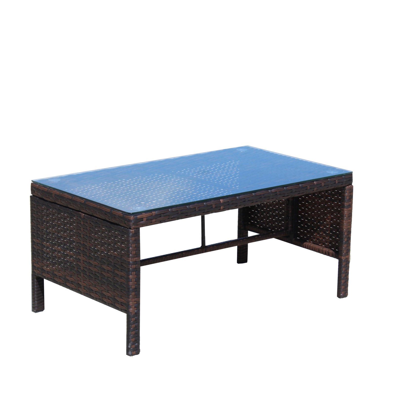 Coffee table component of 3 piece outdoor patio furniture set wicker rattan set with tempered glass top for patio and backyard outdoor use