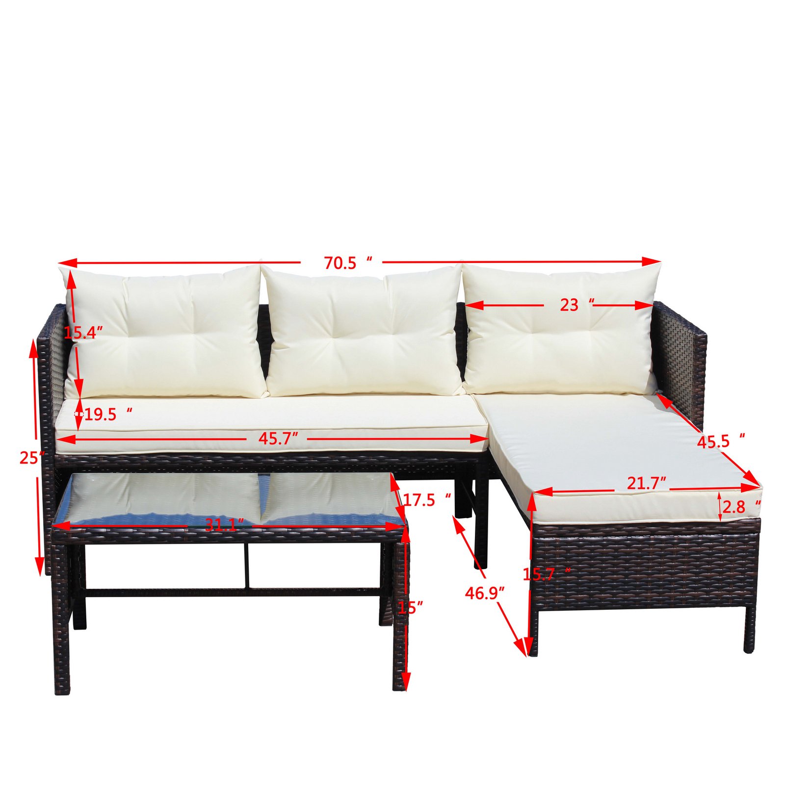 3 piece outdoor wicker sectional sofa set with lounger and coffee table dimensions diagram, patio furniture size guide for backyard and garden seating