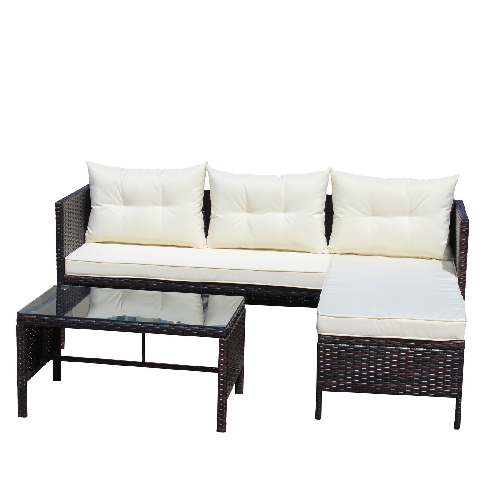 3 piece outdoor patio furniture set wicker rattan sectional sofa with lounger and coffee table, all weather cushions backyard garden conversation set white background