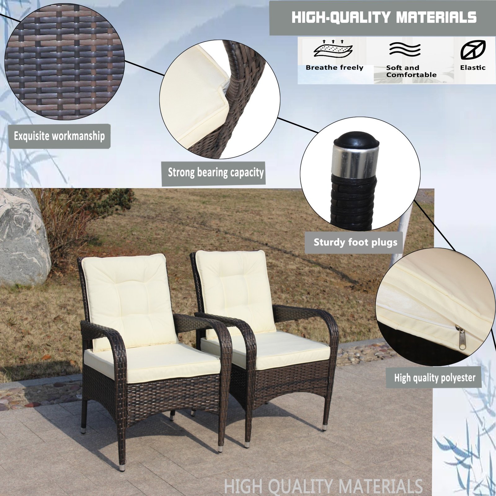 two outdoor wicker patio chairs with cushions showing high quality materials and comfortable design details