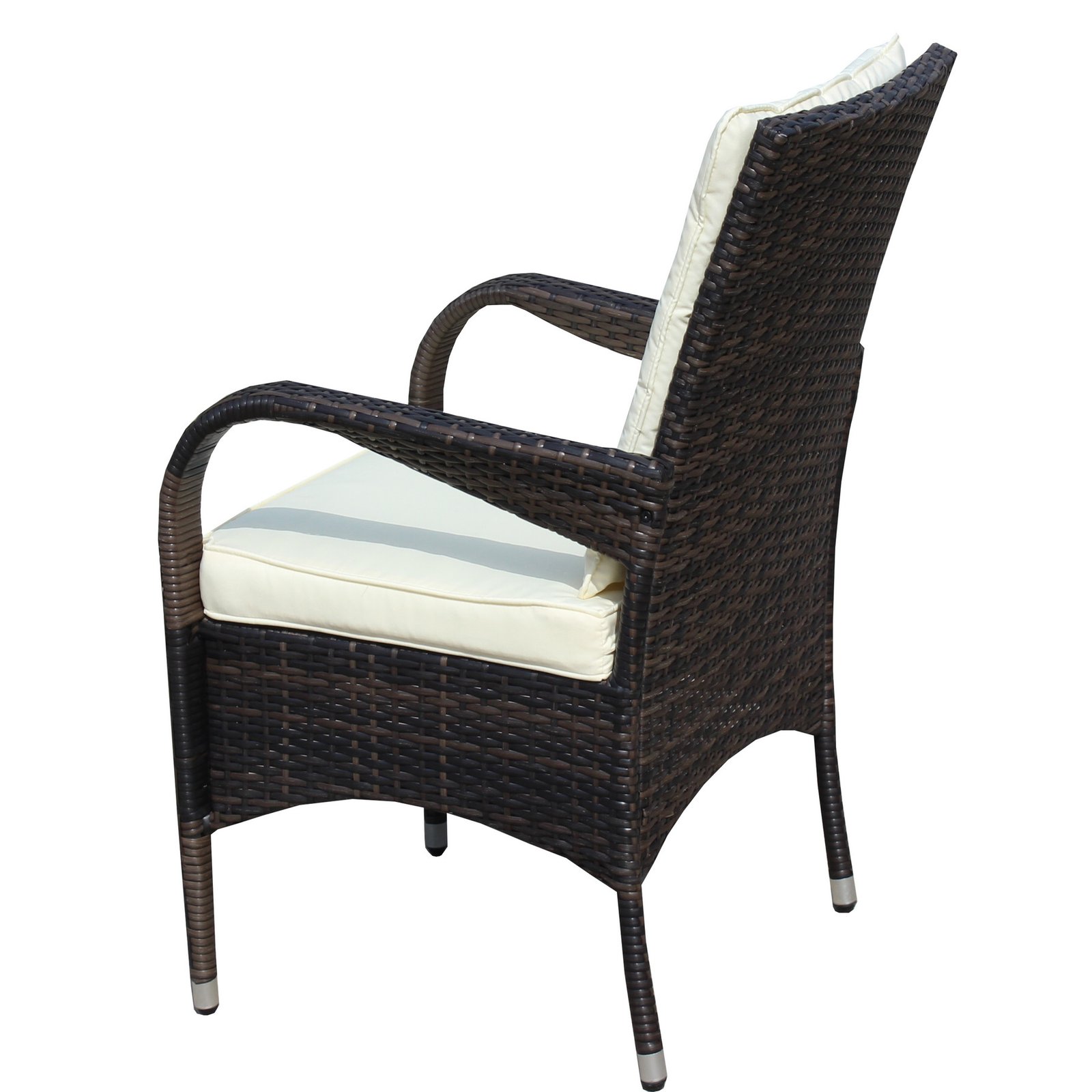 Outdoor wicker patio chair side view with cushion from 3 piece conversation set
