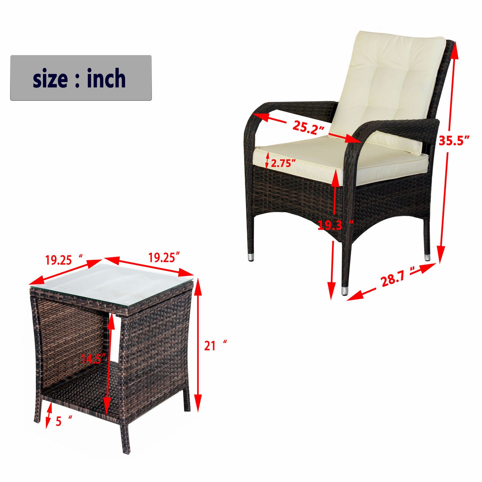 3 piece outdoor wicker conversation set dimensions showing patio chairs and tempered glass coffee table measurements