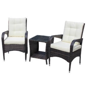 3 piece outdoor wicker conversation set with cushions and tempered glass coffee table on white background