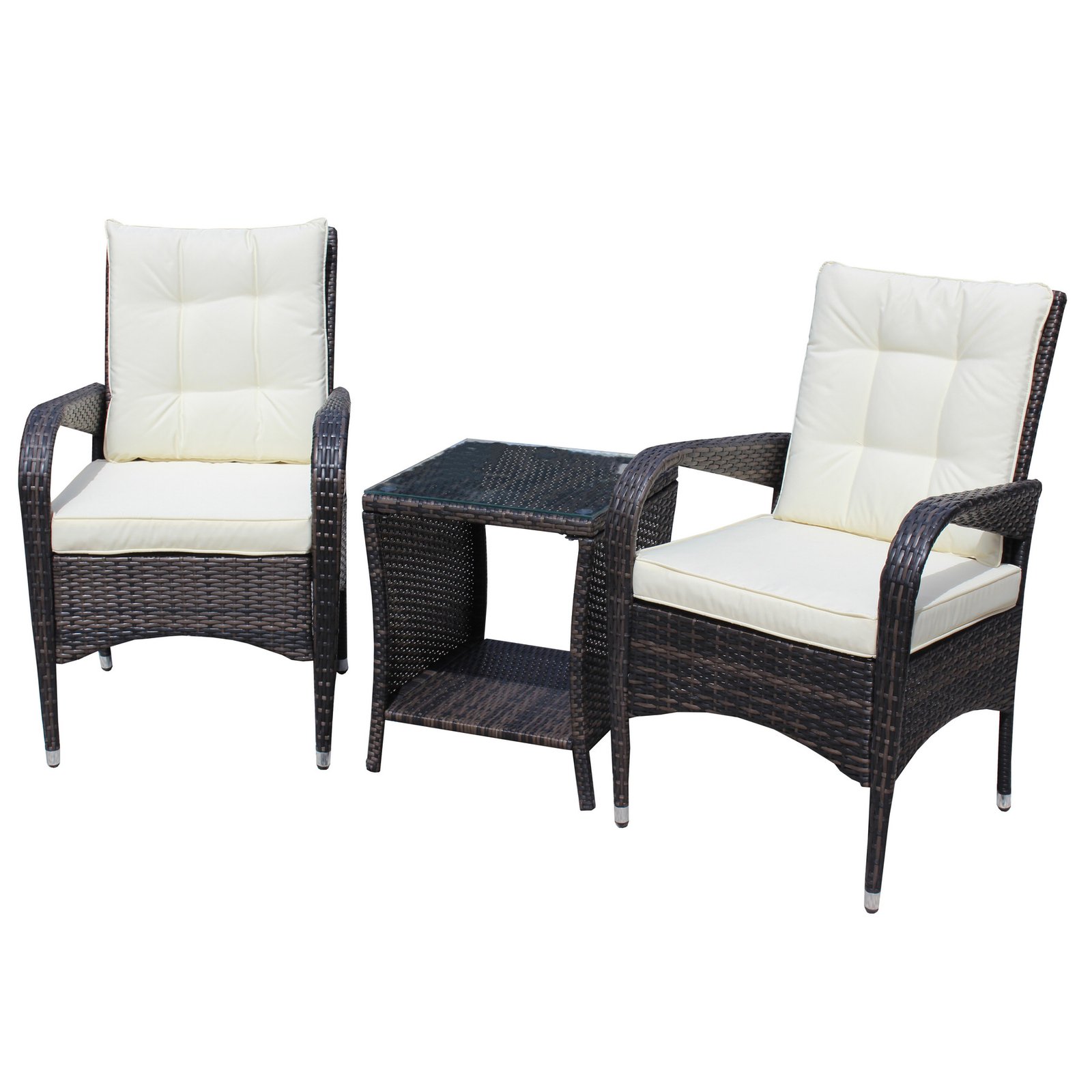 3 piece outdoor wicker conversation set with cushions and tempered glass coffee table on white background