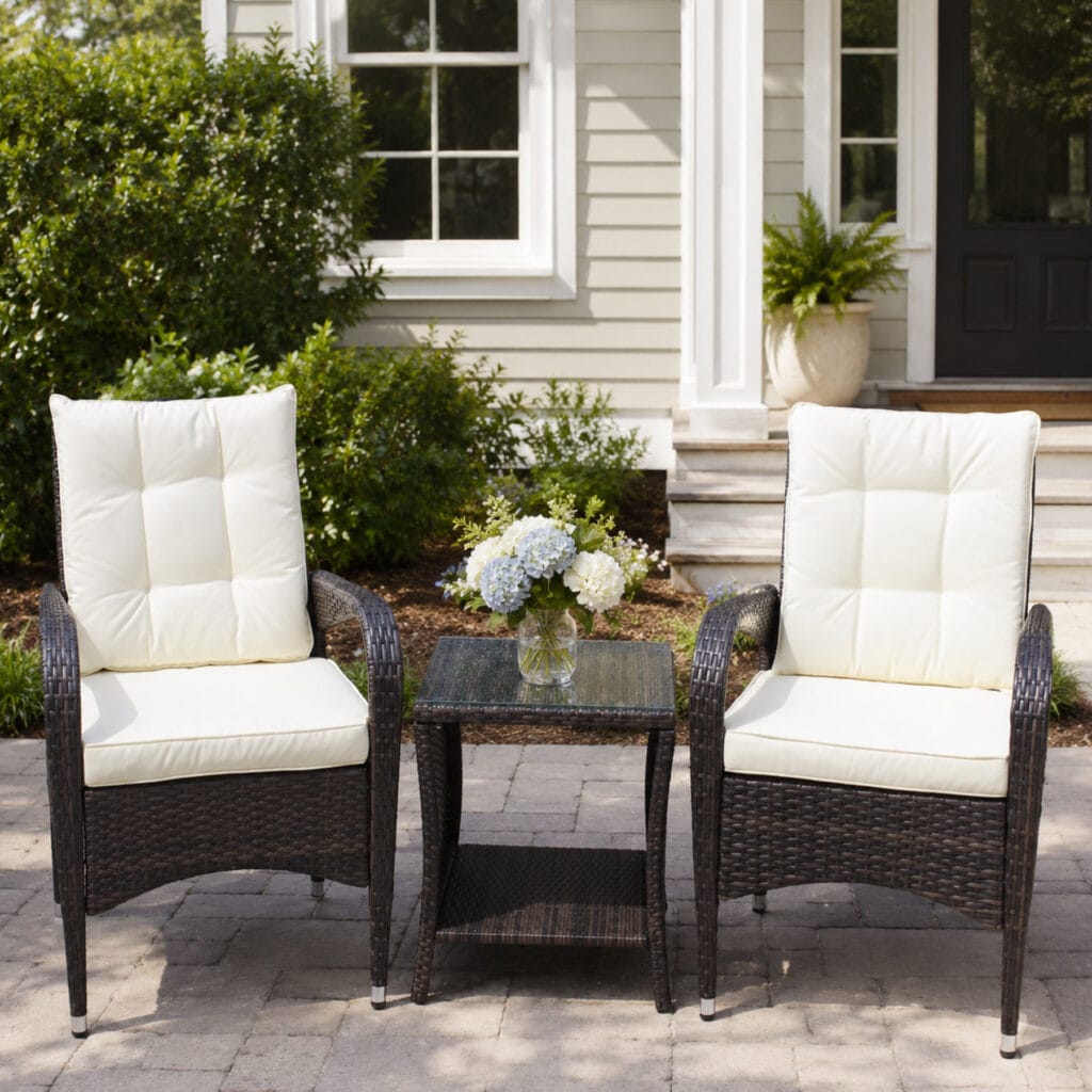 3 piece outdoor wicker conversation set with cushioned chairs and tempered glass coffee table