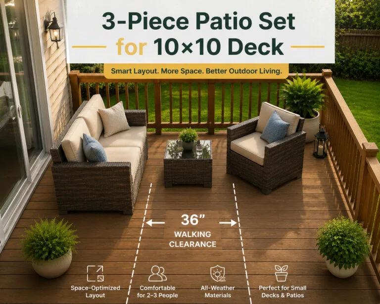 3-piece rattan patio set arranged in an L-shape layout on a 10x10 wooden deck with 36-inch walking clearance and open space design for small outdoor patios