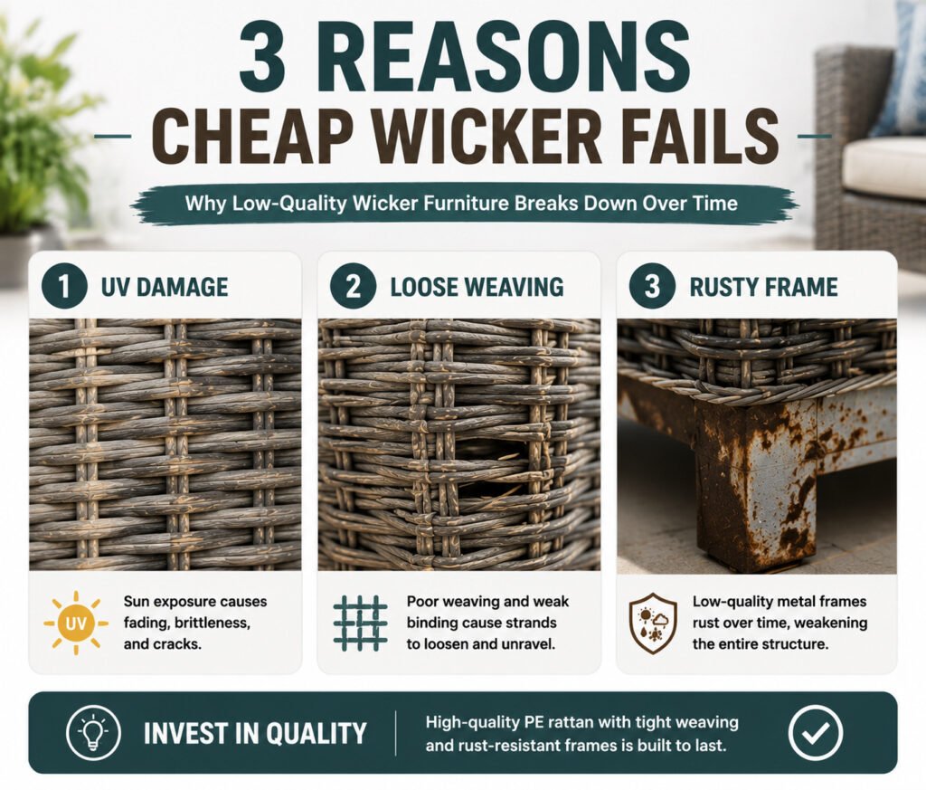 3 reasons cheap wicker furniture fails including UV damage, loose weaving, and rusty frames