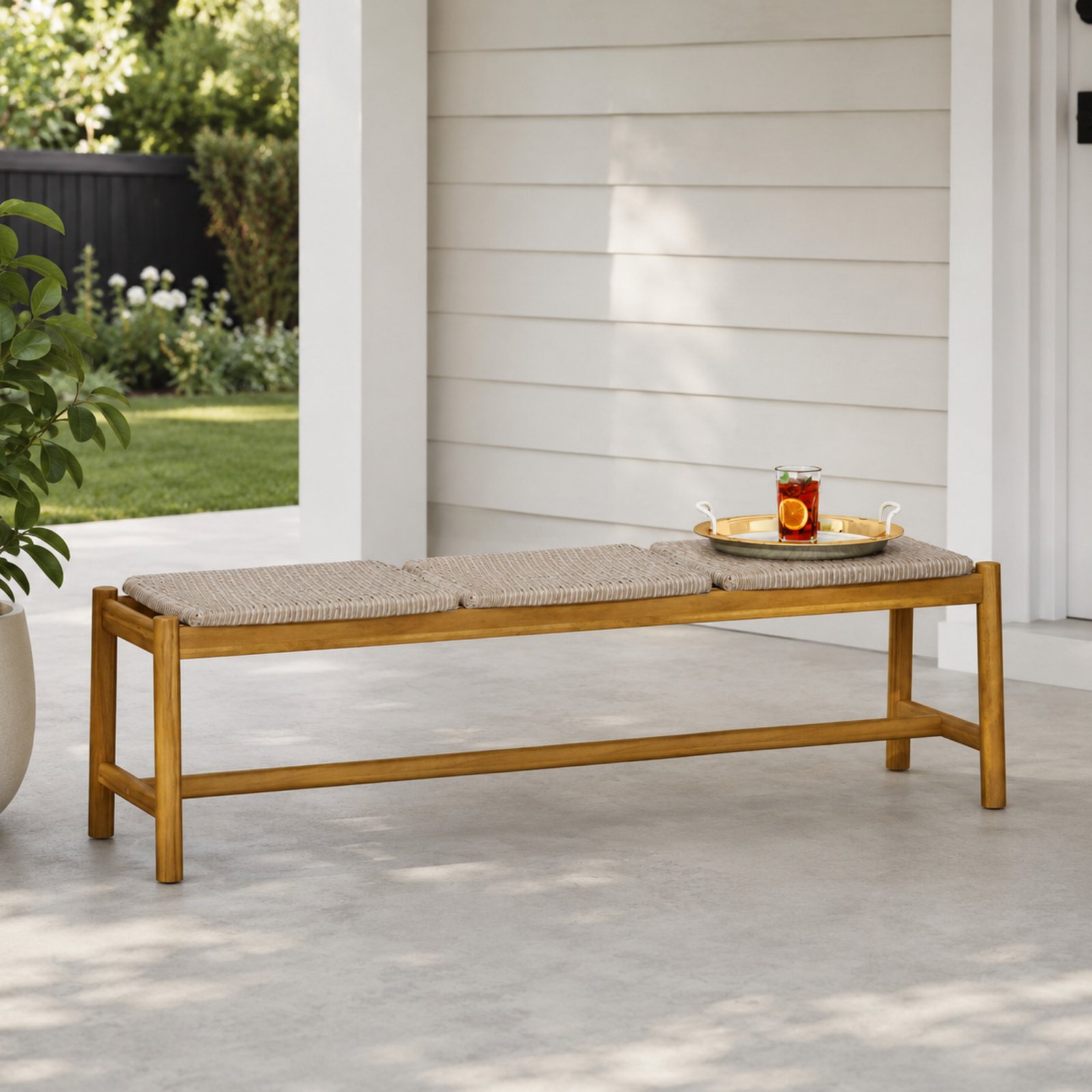 3 seater outdoor acacia wood rattan bench with rustic design for patio and garden seating