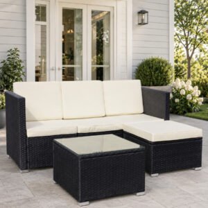 5-piece outdoor wicker sectional sofa set with beige cushions and tempered glass coffee table