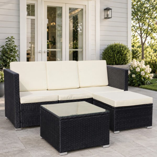 5-piece outdoor wicker sectional sofa set with beige cushions and tempered glass coffee table