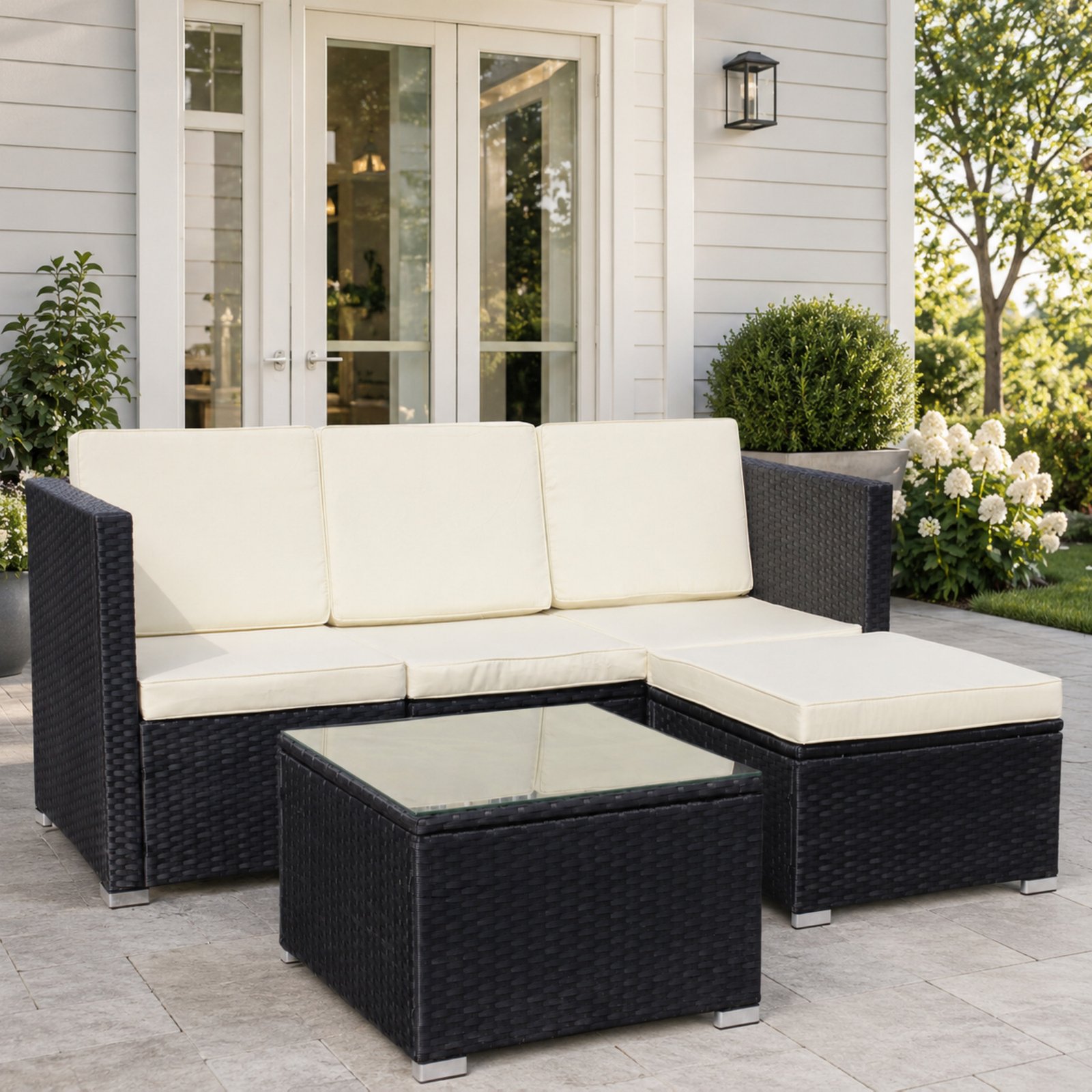 5-piece outdoor wicker sectional sofa set with beige cushions and tempered glass coffee table