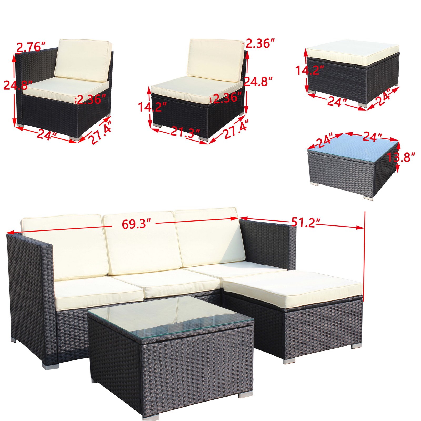 5-piece outdoor wicker sectional sofa set dimensions with sofa, ottoman, and coffee table measurements