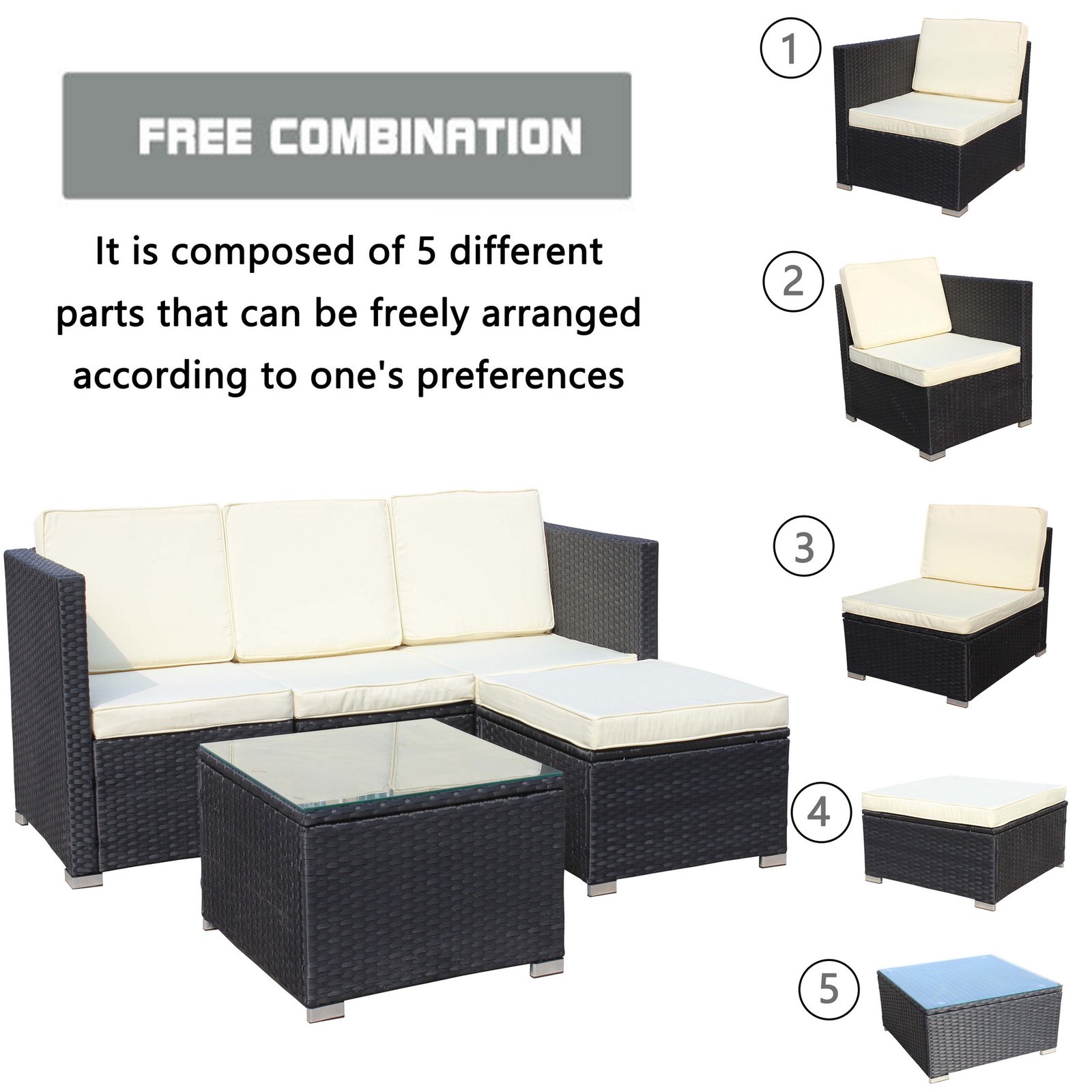 5-piece outdoor wicker sectional sofa set with flexible modular seating arrangement and coffee table