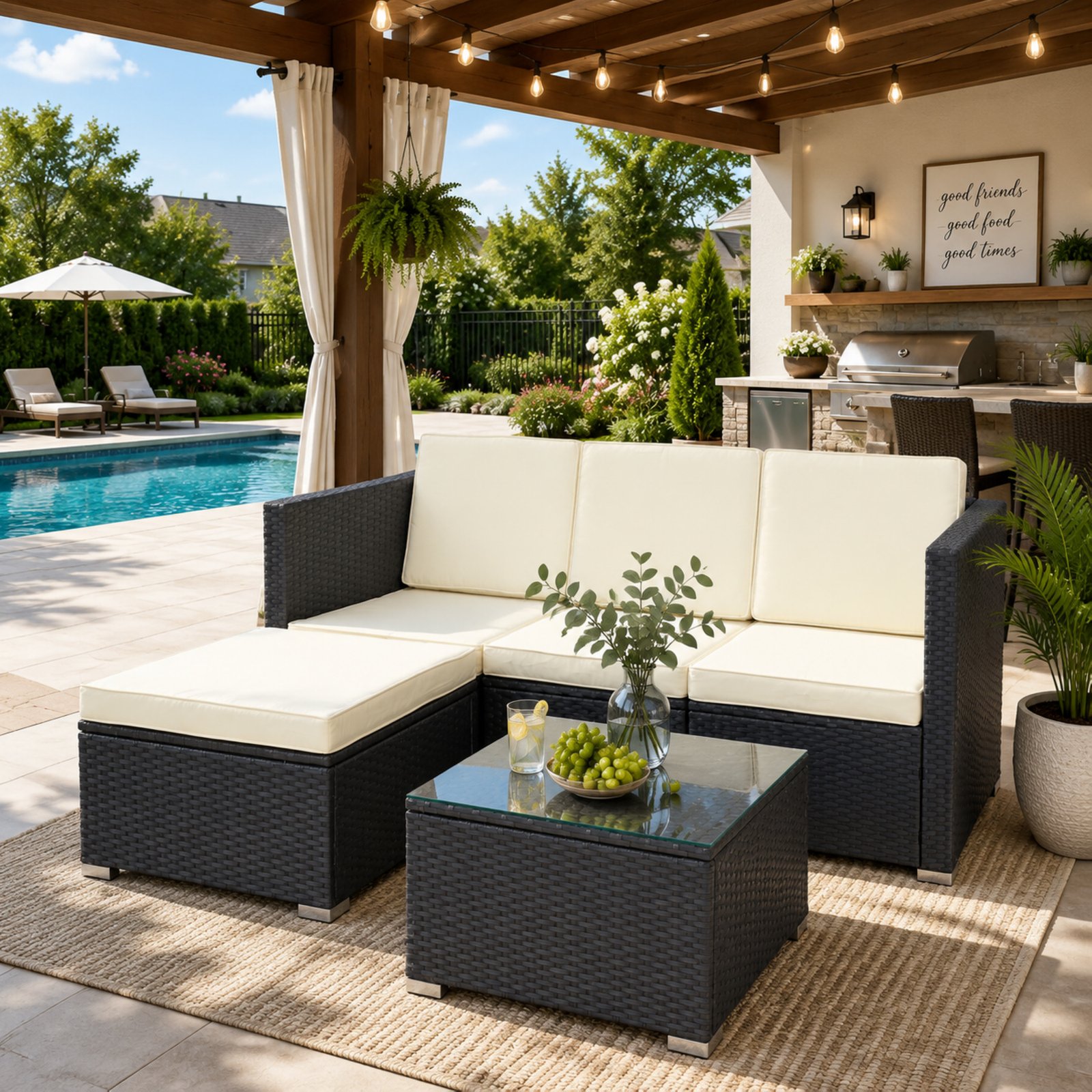 5-piece outdoor wicker sectional sofa set with coffee table under a patio pergola by the pool