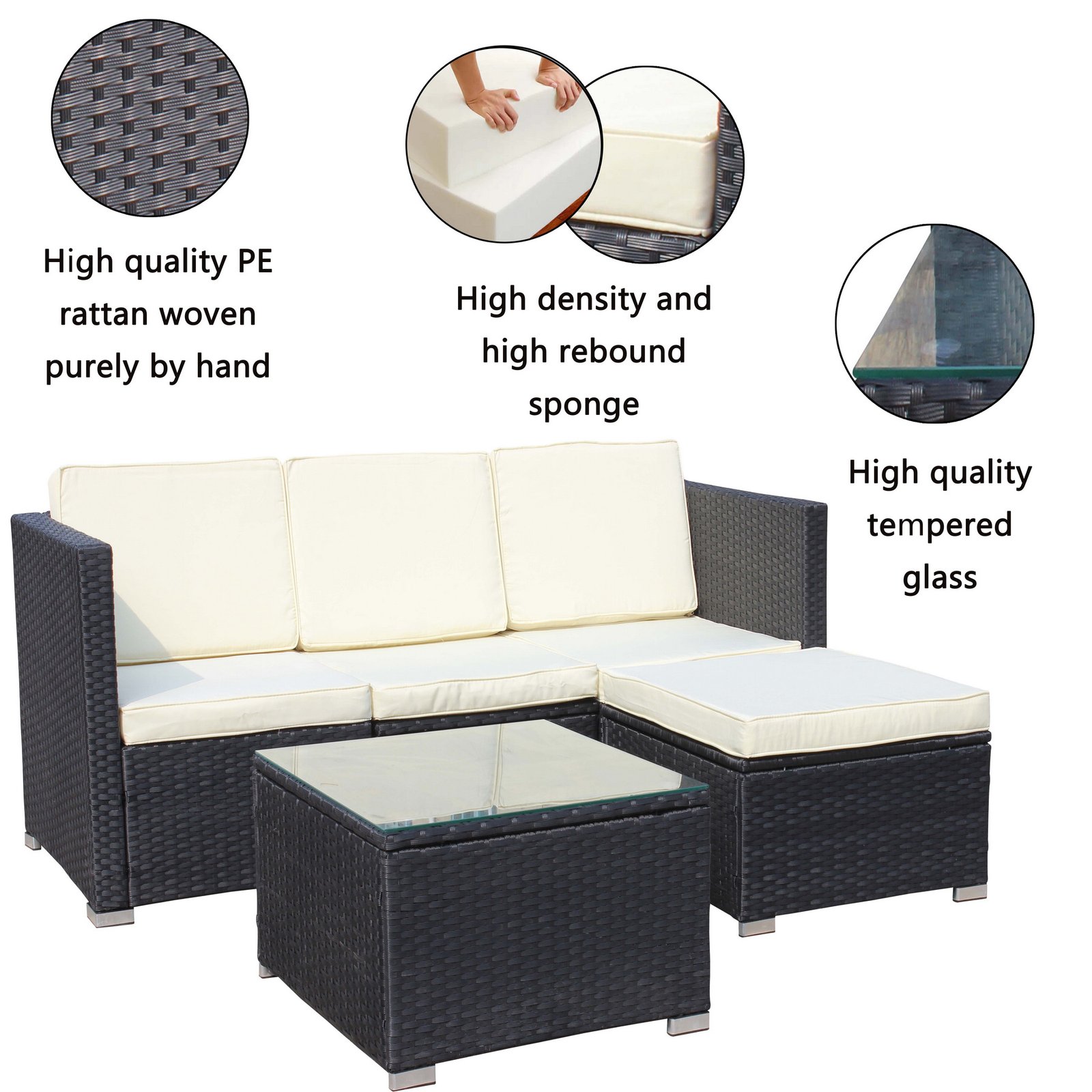 5-piece outdoor wicker sectional sofa set featuring hand woven PE rattan, high density cushions, and tempered glass coffee table