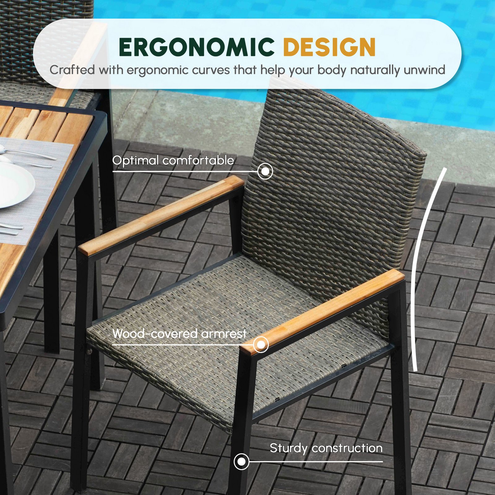 Outdoor wicker dining chair with ergonomic backrest, wood covered armrest, and sturdy construction
