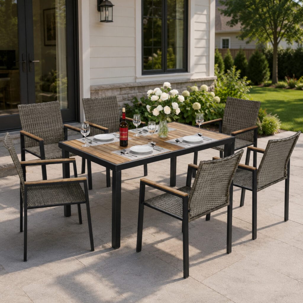 7-piece outdoor wicker dining set with acacia wood tabletop and six chairs