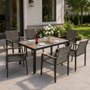 7-piece outdoor wicker dining set with acacia wood tabletop and six chairs