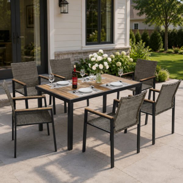 7-piece outdoor wicker dining set with acacia wood tabletop and six chairs