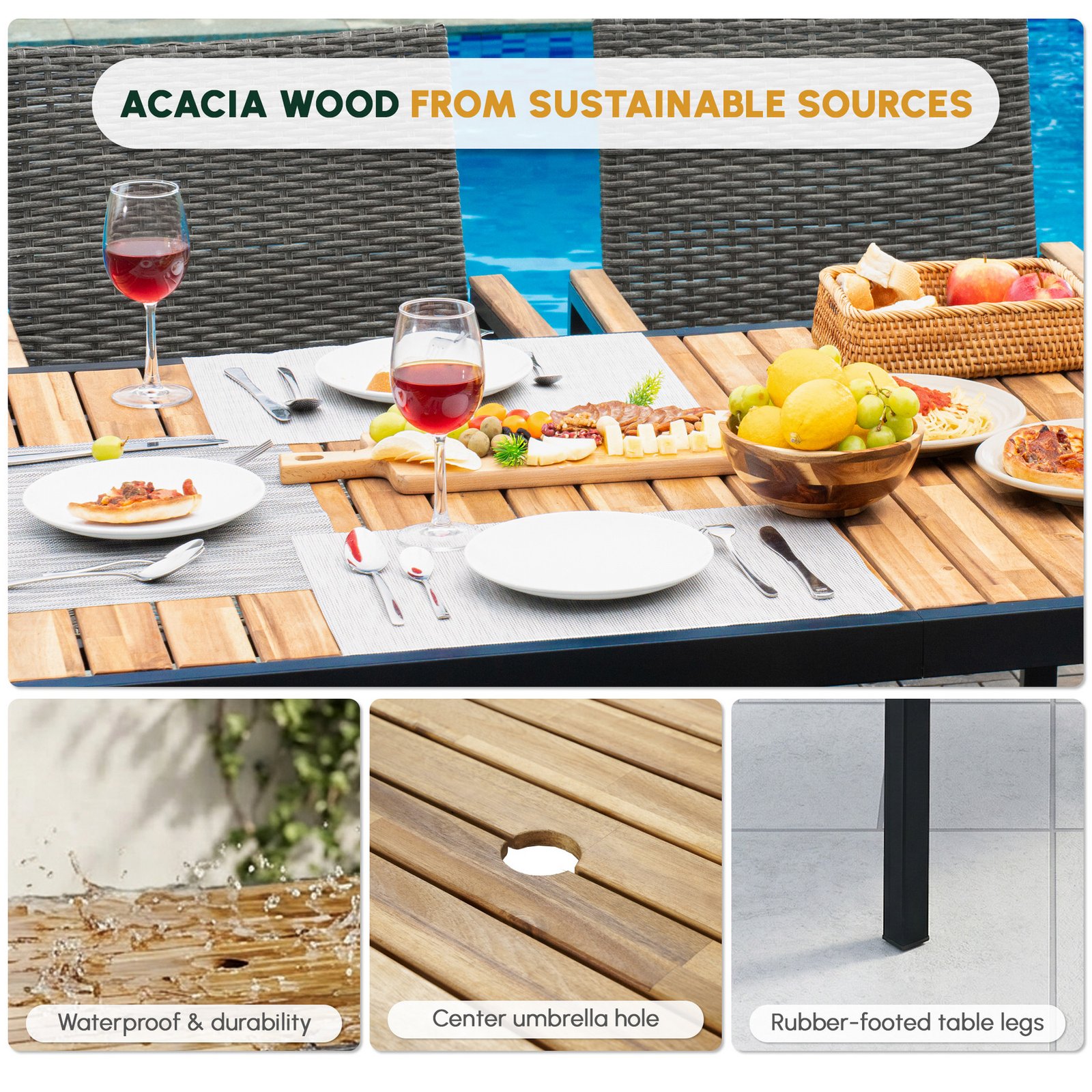 7-piece outdoor wicker dining set with sustainable acacia wood tabletop, umbrella hole, and rubber footed legs