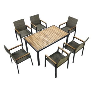7-piece-outdoor-wicker-dining-set-acacia-wood-tabletop-white-background 7-piece outdoor wicker dining set with acacia wood tabletop and six chairs on white background