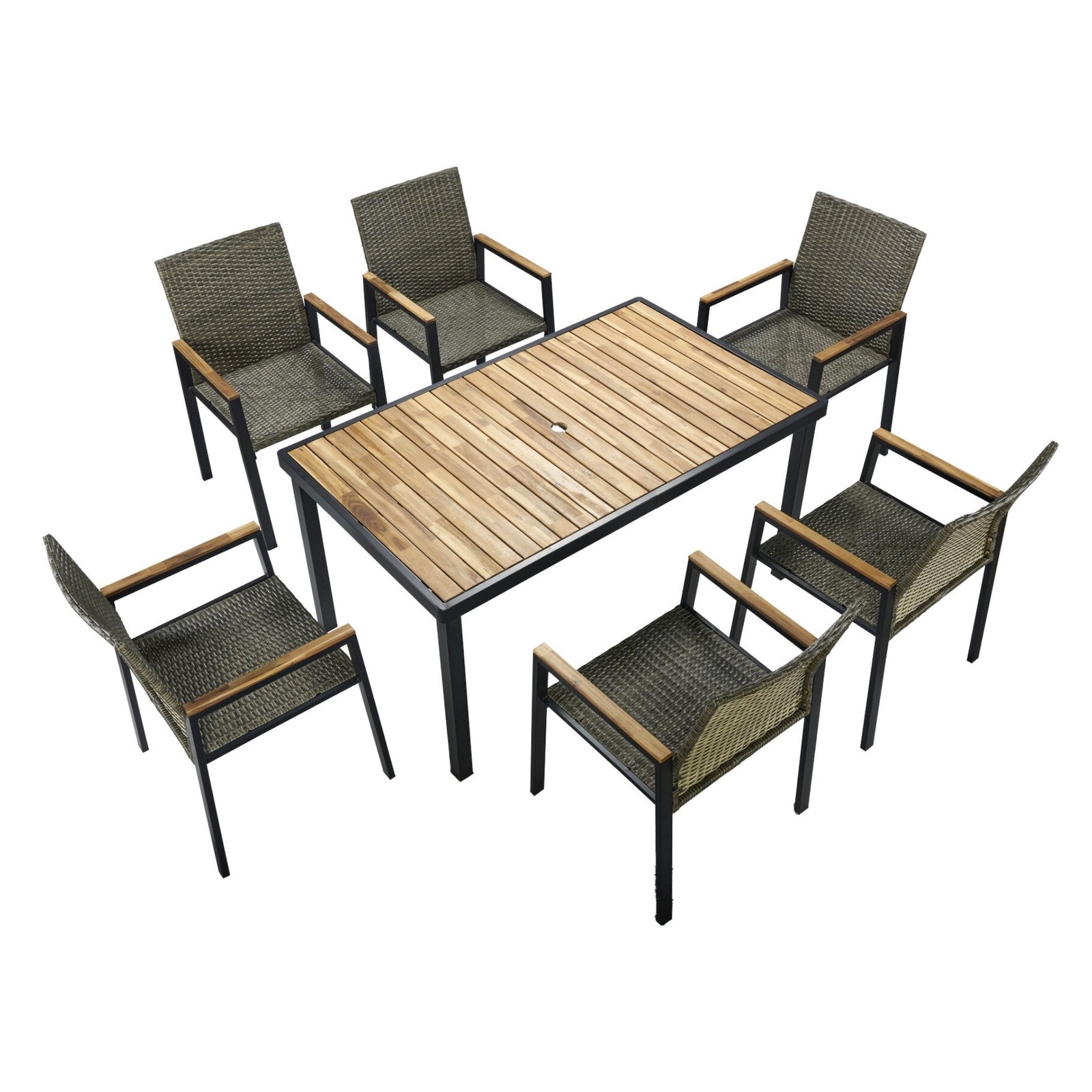 7-piece outdoor wicker dining set with acacia wood tabletop and six chairs on white background