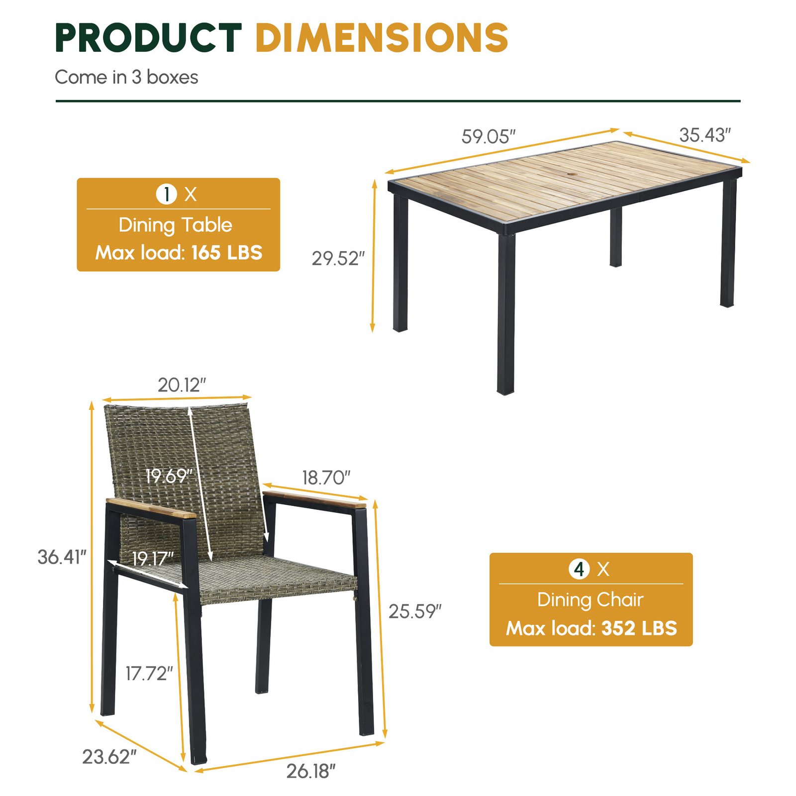 7-piece outdoor wicker dining set dimensions with table, chair size, and weight capacity details