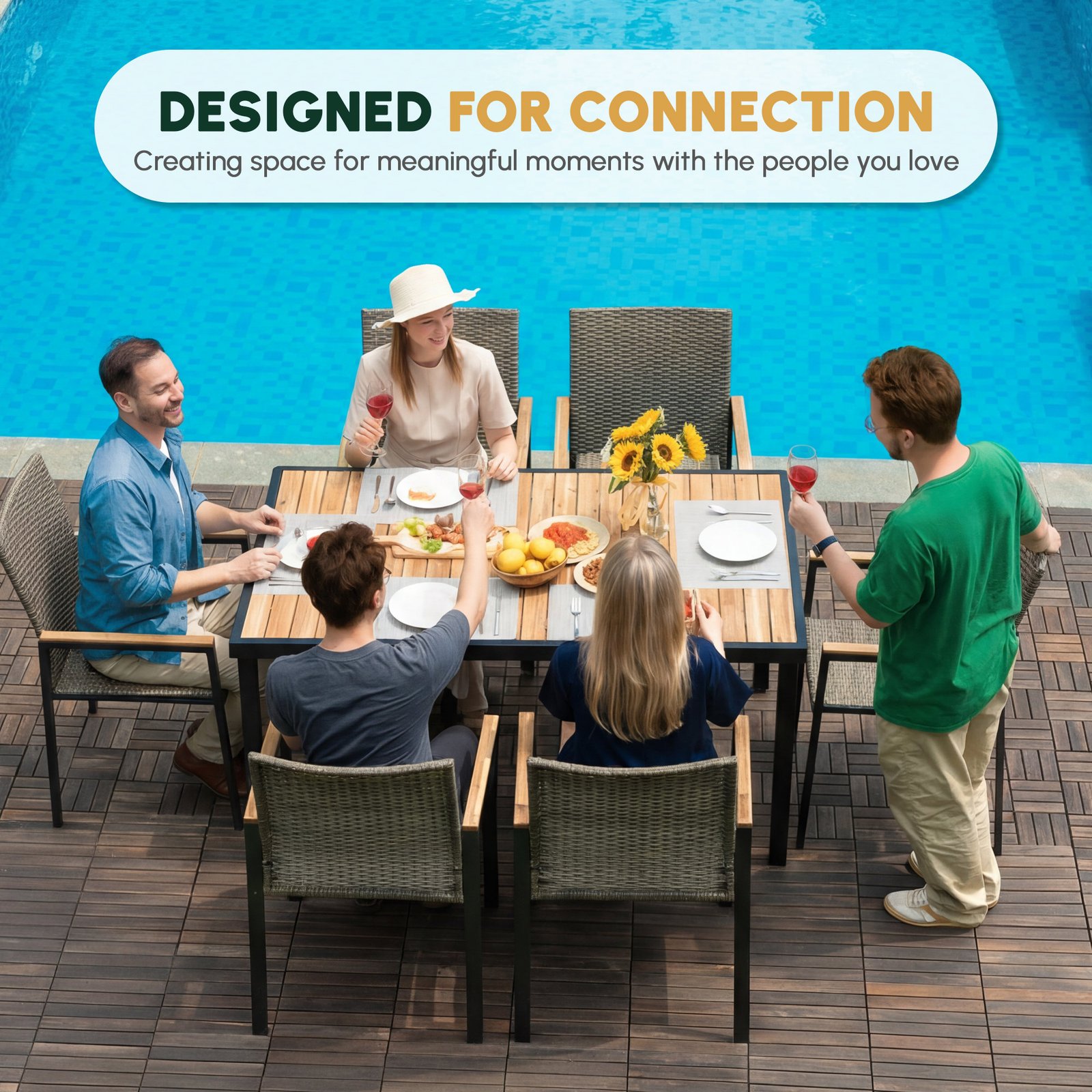 7-piece outdoor wicker dining set with acacia wood tabletop used for family meals and outdoor gatherings