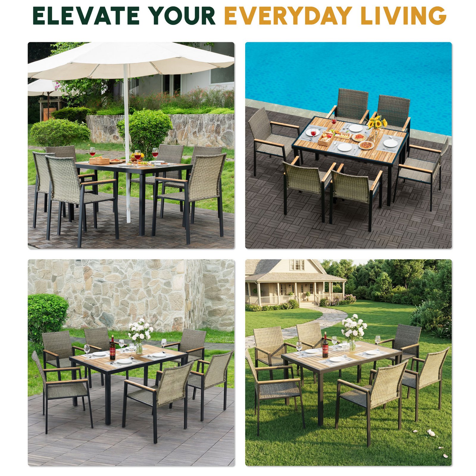 7-piece outdoor wicker dining set with acacia wood tabletop shown in multiple patio and backyard dining scenes
