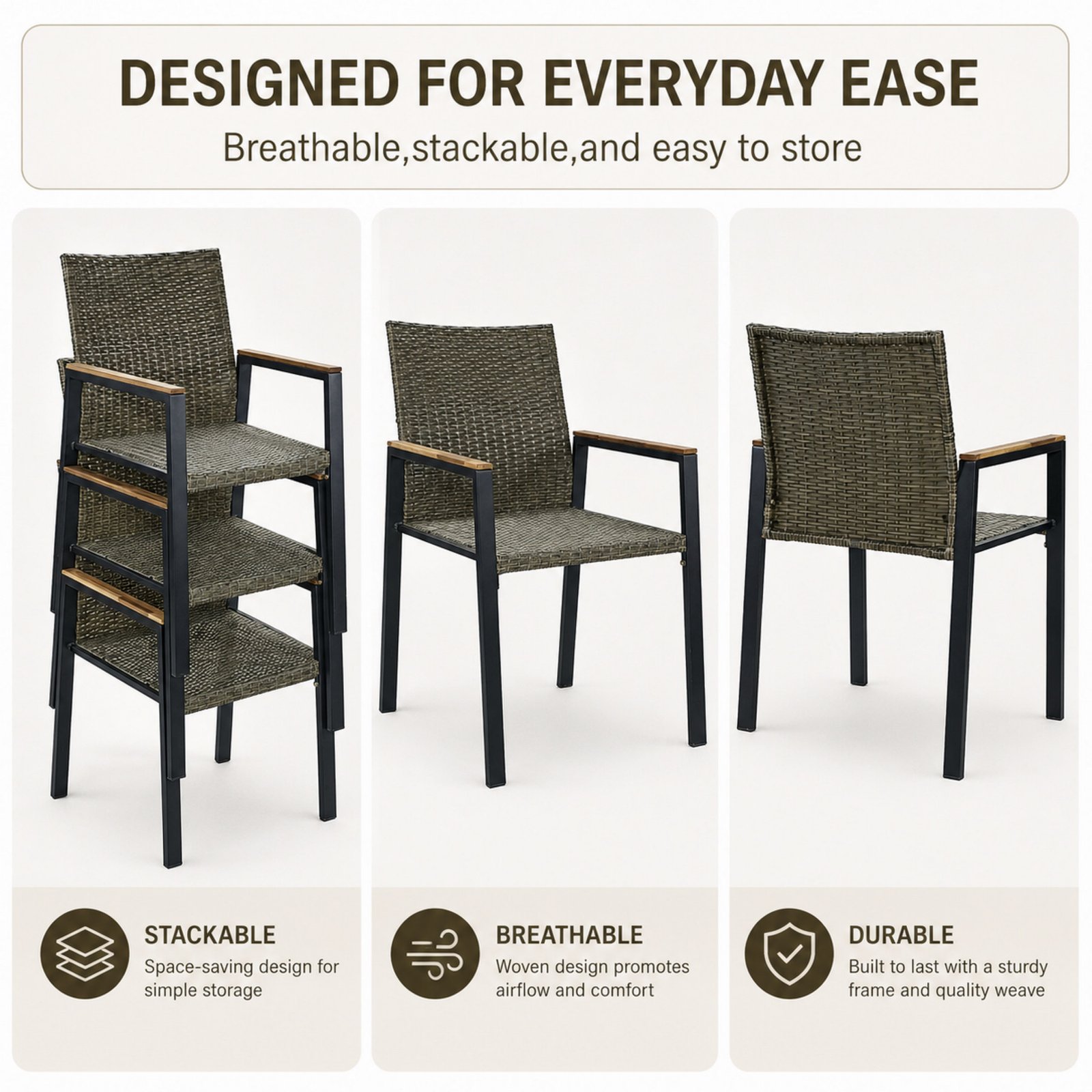 Stackable wicker chairs from 7-piece outdoor dining set featuring breathable woven design and durable patio construction