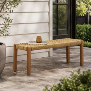 Acacia wood outdoor backless bench with faux rattan seat in teak brown finish