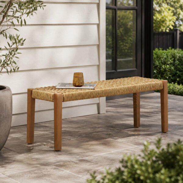 Acacia wood outdoor backless bench with faux rattan seat in teak brown finish