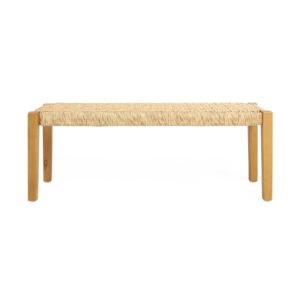 acacia-wood-outdoor-backless-bench-front-view Front view of acacia wood outdoor backless bench with faux rattan seat