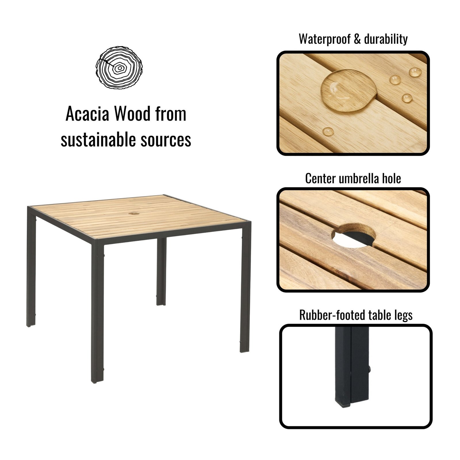 Close-up of the acacia wood table with umbrella hole, waterproof finish, and rubber-footed legs from the 5-piece outdoor patio dining set