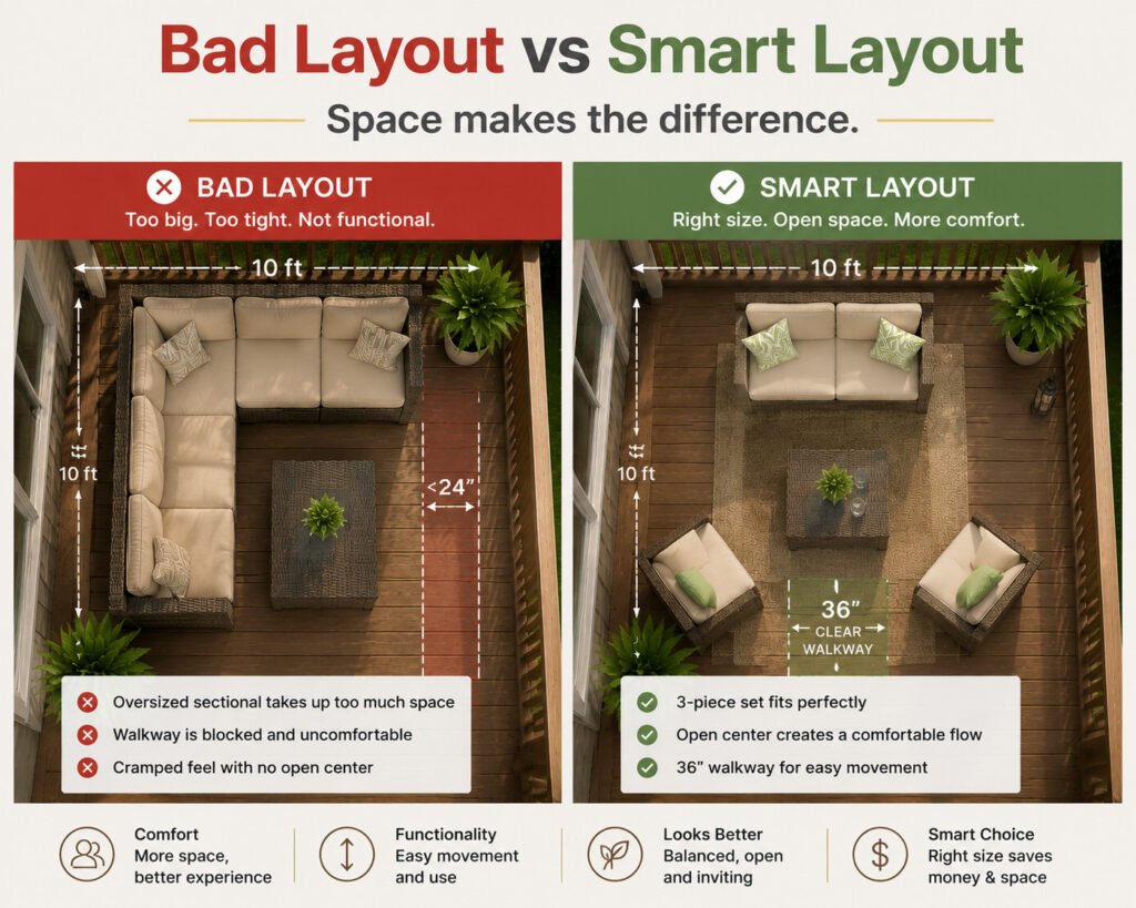 bad vs smart 10x10 deck layout comparison oversized sectional blocking space vs 3-piece rattan patio set with open center and 36 inch walking clearance