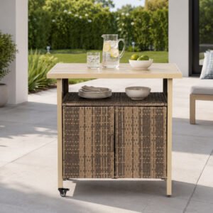 Beige outdoor wicker grill cart with wheels, plastic wood tabletop, and woven storage cabinet