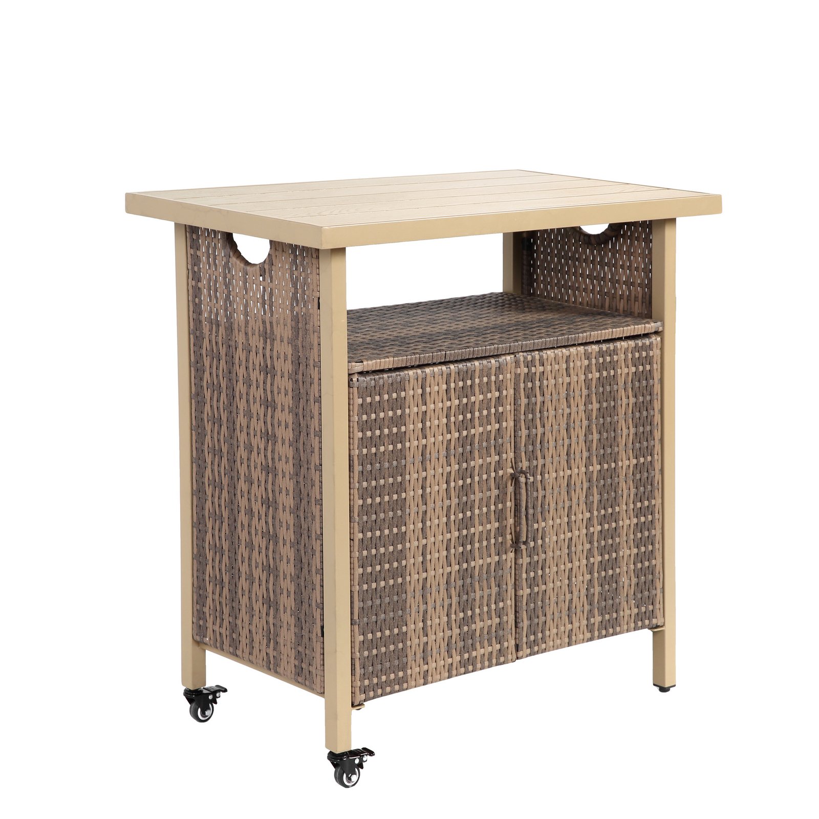Beige outdoor wicker grill cart shown from a 45-degree angle with tabletop, shelf, storage cabinet, and wheels