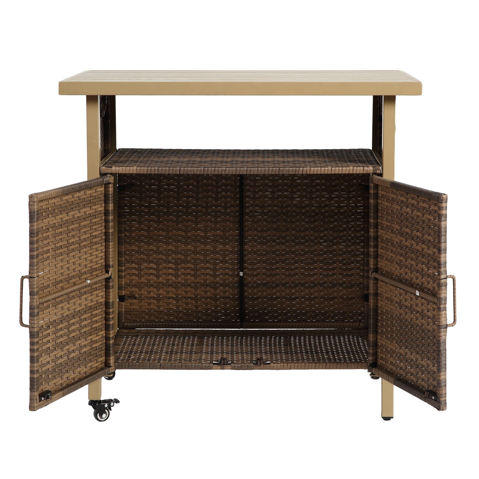 Beige outdoor wicker grill cart with open cabinet doors, tabletop, shelf, and wheels