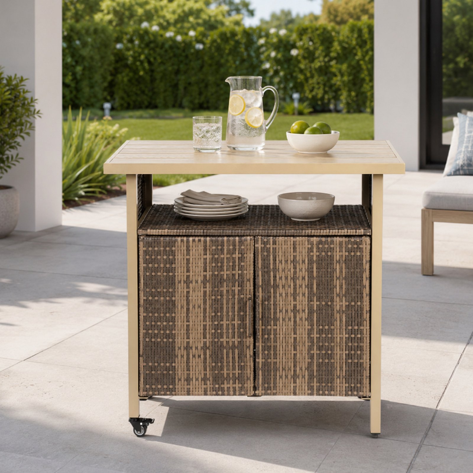 Beige outdoor wicker grill cart with wheels, plastic wood tabletop, and woven storage cabinet