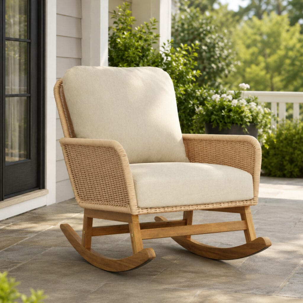 Beige wicker rocking chair with soft cushions on a modern outdoor porch