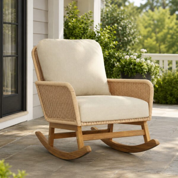 Beige wicker rocking chair with soft cushions on a modern outdoor porch