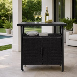 black-outdoor-wicker-grill-cart Black outdoor wicker grill cart with wheels, tabletop, open shelf, and woven storage cabinet