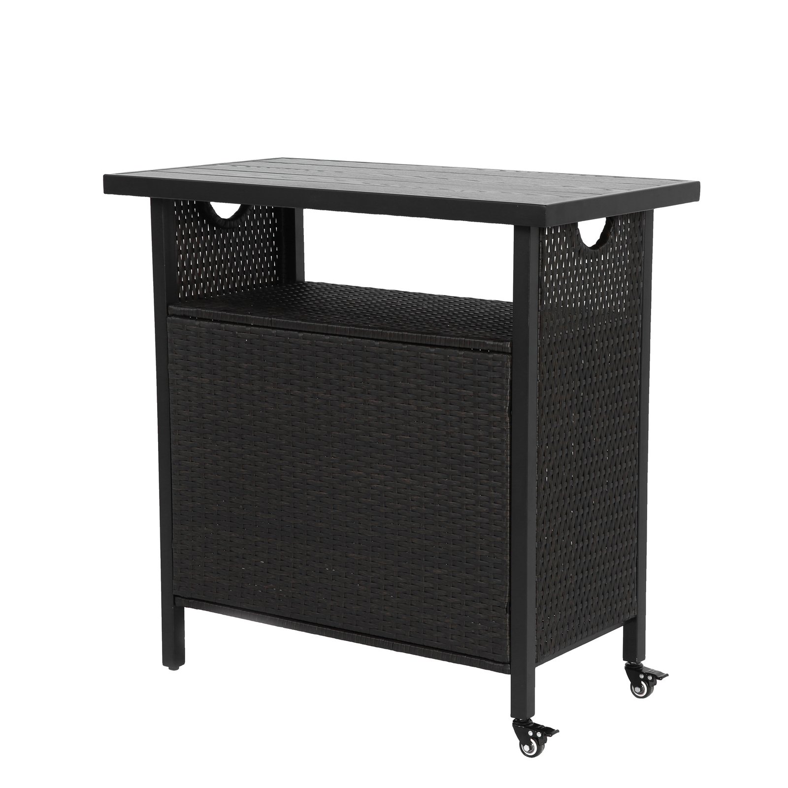 Back view of black outdoor wicker grill cart with woven cabinet, tabletop, frame, and wheels