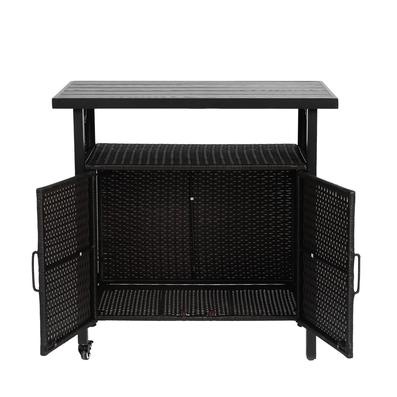 Black outdoor wicker grill cart with open cabinet doors, tabletop, shelf, and wheels