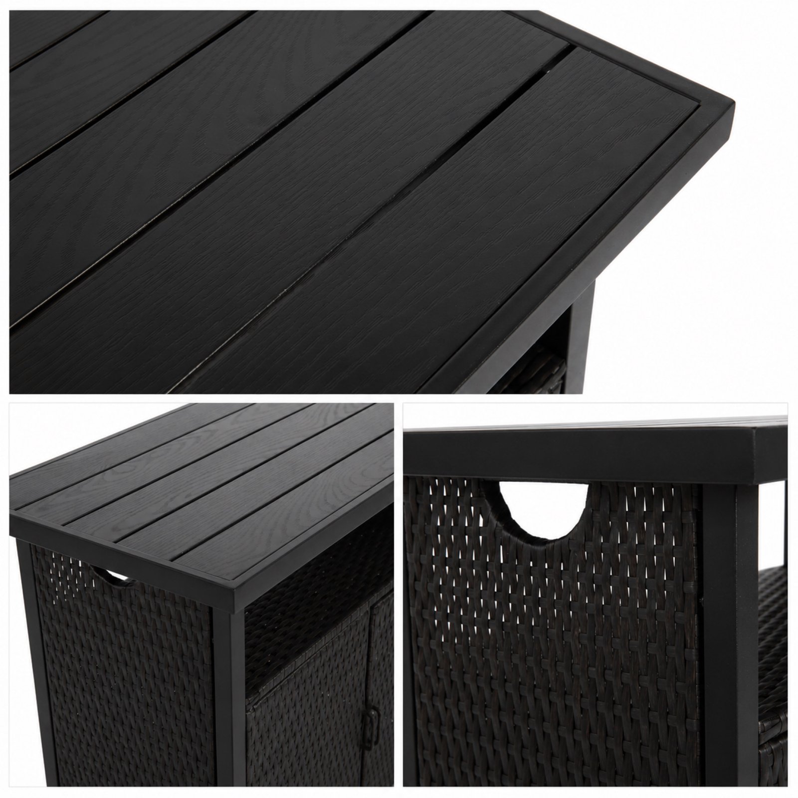 Close-up of black outdoor wicker grill cart tabletop and side woven cabinet detail
